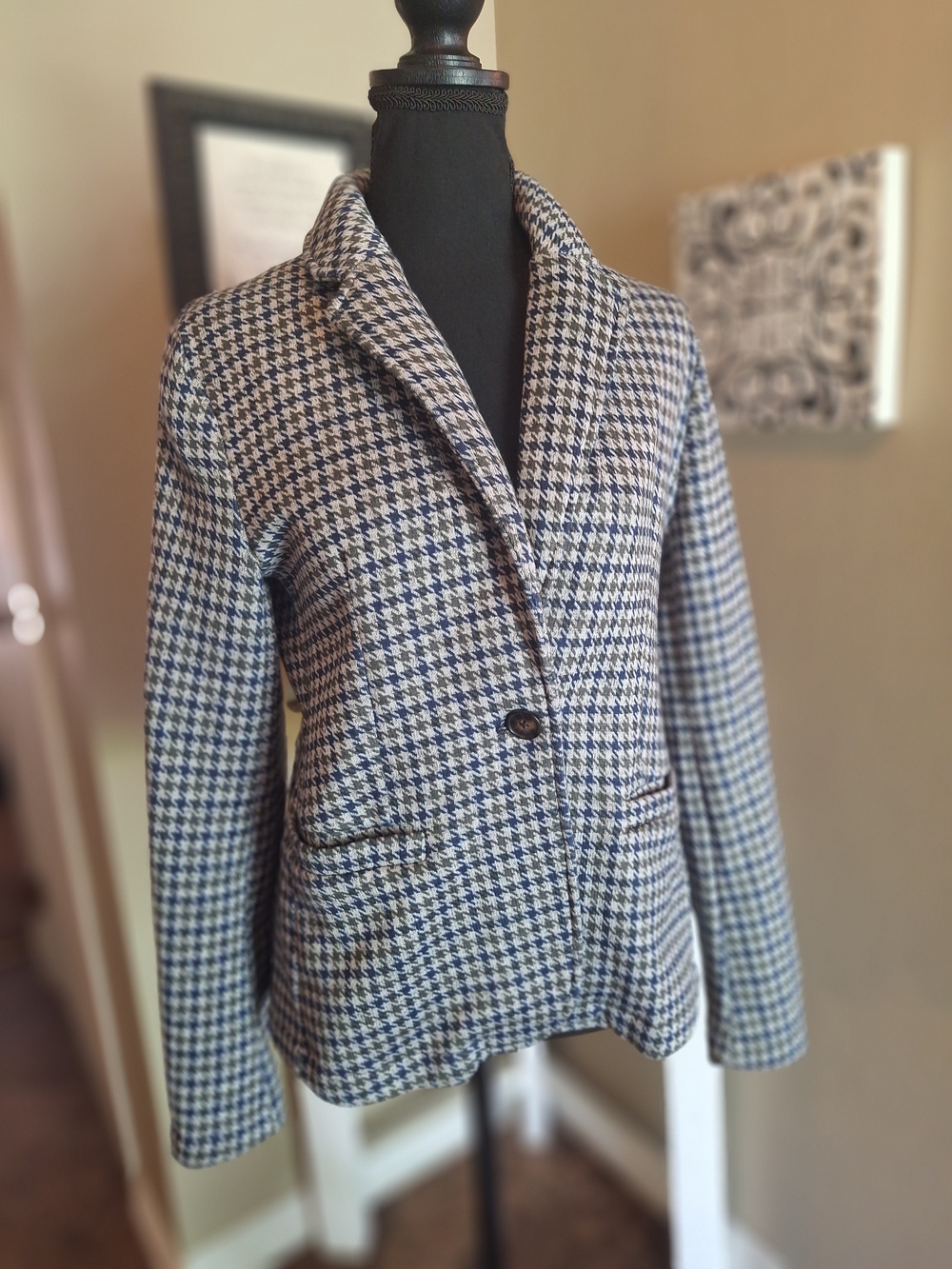 Lands' End Navy and Grey Houndstooth Blazer Small Medium